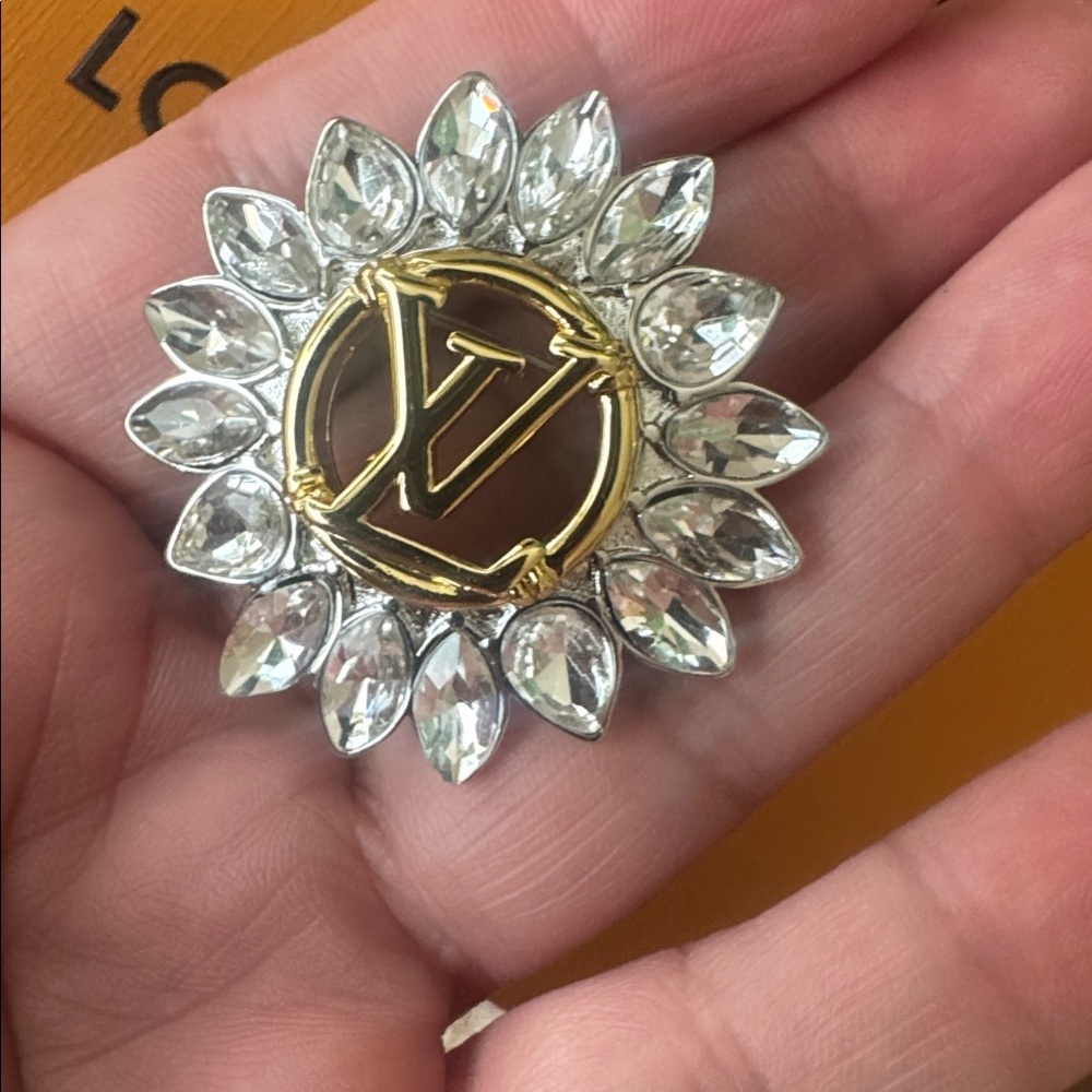 Louis Vuitton Gold and Clear Crystal Floral LV Brooch
